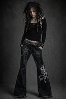 Punk Goth Emo Grunge High Waist Embroidered Pattern Flared Wide Leg Women's Distressed Jeans