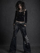 Punk Goth Emo Grunge High Waist Embroidered Pattern Flared Wide Leg Women's Distressed Jeans