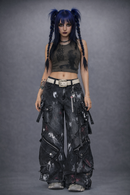Punk Gothic Alternative Multi-Pocket Washed Out Black Jeans Pants Unisex Flared Wide Leg Pants