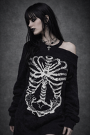 Goth Punk Skull Skeleton  Print Women's Black and White Pullover Sweater