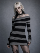 Goth Punk Striped Black Grey Bodycon Long Sleeve Mini Short Dress
