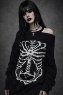 Goth Punk Skull Skeleton  Print Women's Black and White Pullover Sweater