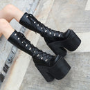 Women's Y2K Side Zipper Closed Toe Lace Up Platform Knee High Motorcycle Goth Punk Black Boots