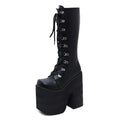 Women's Y2K Side Zipper Closed Toe Lace Up Platform Knee High Motorcycle Goth Punk Black Boots