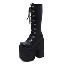 Women's Y2K Side Zipper Closed Toe Lace Up Platform Knee High Motorcycle Goth Punk Black Boots