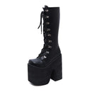 Women's Y2K Side Zipper Closed Toe Lace Up Platform Knee High Motorcycle Goth Punk Black Boots