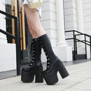Women's Y2K Side Zipper Closed Toe Lace Up Platform Knee High Motorcycle Goth Punk Black Boots
