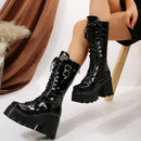 Goth Punk Emo Platform Wedge Lace Up Buckles Black Women's Boots