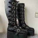 Goth Punk Emo Chunky Platform Wedge Black Knee High Women's Boots