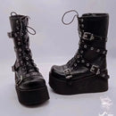 Goth Punk Women's Round Toe Platform Wedges Buckles Black Boots