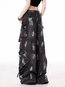 Punk Gothic Alternative Multi-Pocket Washed Out Black Jeans Pants Unisex Flared Wide Leg Pants