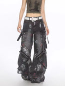 Punk Gothic Alternative Multi-Pocket Washed Out Black Jeans Pants Unisex Flared Wide Leg Pants