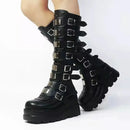 Gothic Platform Wedges Buckles Straps Calf High Black Women's Boots