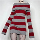 Goth Punk Striped Black Grey Bodycon Long Sleeve Mini Short Dress