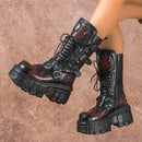 Goth Punk Emo Heavy Motorcycle Mid Calf Wedge Platform Pattern Women's Boots