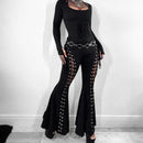 Goth Punk Long Flared Front Lace Up Cut Out Women's Black Trousers Pants