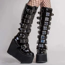 Goth Punk Emo Chunky Platform Wedge Black Knee High Women's Boots