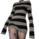 Goth Punk Striped Black Grey Bodycon Long Sleeve Mini Short Dress