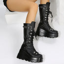 Goth Punk Emo Platform Wedge Rivet Buckle Strap Combat Black Women's Boots
