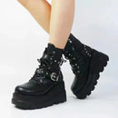 Goth Punk Emo Grunge Motorcycle Platform Round Toe Lace Up Black Ankle Boots