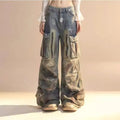 Punk Gothic Alternative Multi-Pocket Washed Out Black Jeans Pants Unisex Flared Wide Leg Pants