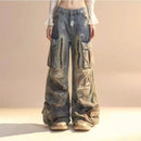 Punk Gothic Alternative Multi-Pocket Washed Out Black Jeans Pants Unisex Flared Wide Leg Pants