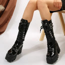 Goth Punk Emo Platform Wedge Lace Up Buckles Black Women's Boots