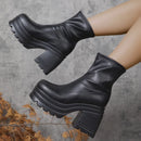 Goth Punk Emo Alternative Square Toe Zipper Heels Thick Sole Short Ankle Women's Boots