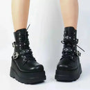 Round Toe Lace Up Shoes Woman Motorcycle Platform Black Punk Goth Boots