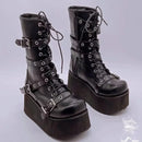 Goth Punk Women's Round Toe Platform Wedges Buckles Black Boots