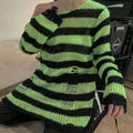 Striped Thin Streetwear Punk Gothic Hollow Out Hole Broken Jumper Long Unisex Sweater