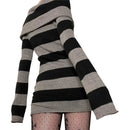 Goth Punk Striped Black Grey Bodycon Long Sleeve Mini Short Dress