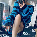 Striped Thin Streetwear Punk Gothic Hollow Out Hole Broken Jumper Long Unisex Sweater