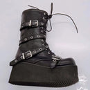 Goth Punk Women's Round Toe Platform Wedges Buckles Black Boots