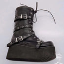 Goth Punk Women's Round Toe Platform Wedges Buckles Black Boots