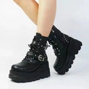 Round Toe Lace Up Shoes Woman Motorcycle Platform Black Punk Goth Boots
