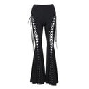 Goth Punk Long Flared Front Lace Up Cut Out Women's Black Trousers Pants