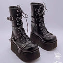 Goth Punk Women's Round Toe Platform Wedges Buckles Black Boots