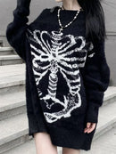 Goth Punk Skull Skeleton  Print Women's Black and White Pullover Sweater