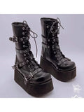 Goth Punk Women's Round Toe Platform Wedges Buckles Black Boots