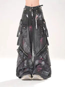 Punk Gothic Alternative Multi-Pocket Washed Out Black Jeans Pants Unisex Flared Wide Leg Pants
