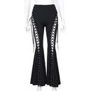 Goth Punk Long Flared Front Lace Up Cut Out Women's Black Trousers Pants
