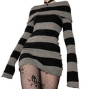 Goth Punk Striped Black Grey Bodycon Long Sleeve Mini Short Dress