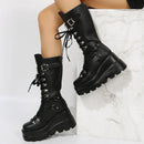 Goth Punk Emo Platform Wedge Rivet Buckle Strap Combat Black Women's Boots