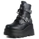 Goth Punk Emo Grunge Motorcycle Platform Round Toe Lace Up Black Ankle Boots