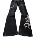Punk Goth Emo Grunge High Waist Embroidered Pattern Flared Wide Leg Women's Distressed Jeans