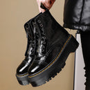 Women's Martin style boots leather platform boots motorcycle shoes front zipper light bottom punk comfortable winter boots.