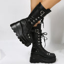 Goth Punk Emo Platform Wedge Rivet Buckle Strap Combat Black Women's Boots