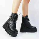 Goth Punk Emo Grunge Motorcycle Platform Round Toe Lace Up Black Ankle Boots