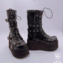 Goth Punk Women's Round Toe Platform Wedges Buckles Black Boots